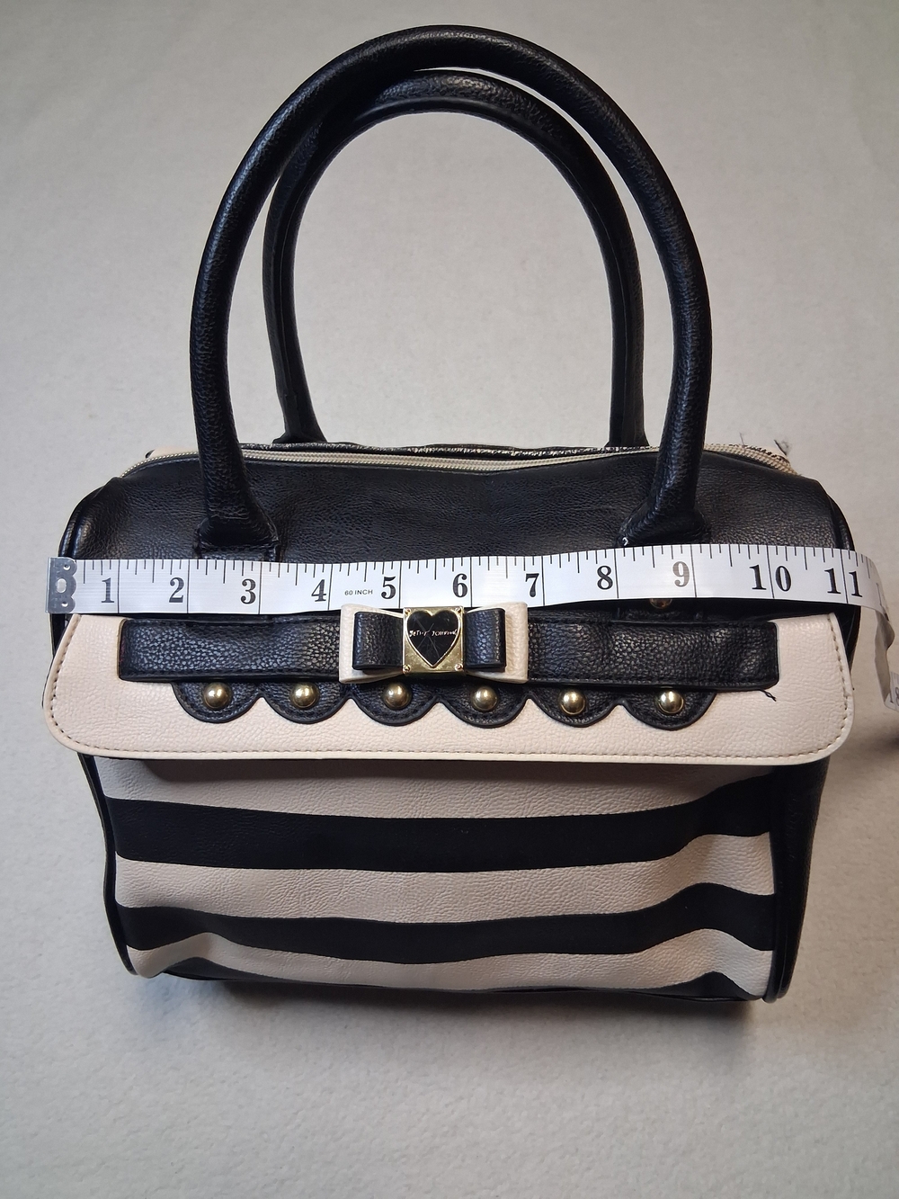 Betsey Johnson Black and Cream Striped Top-Handle Satchel with Bow Accent - Picture 4 of 13